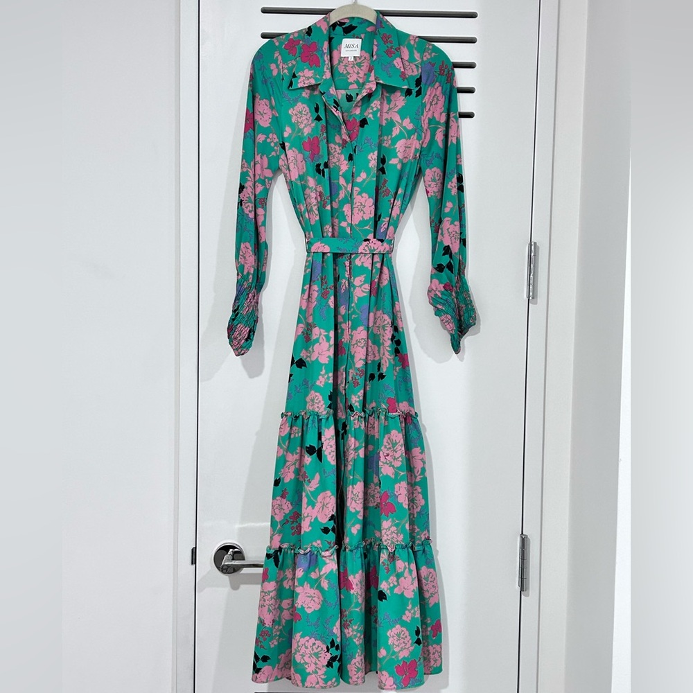 Like New Misa Los Angeles Esme Peony Green Long Sleeve Maxi Dress with Collar - Picture 8 of 9